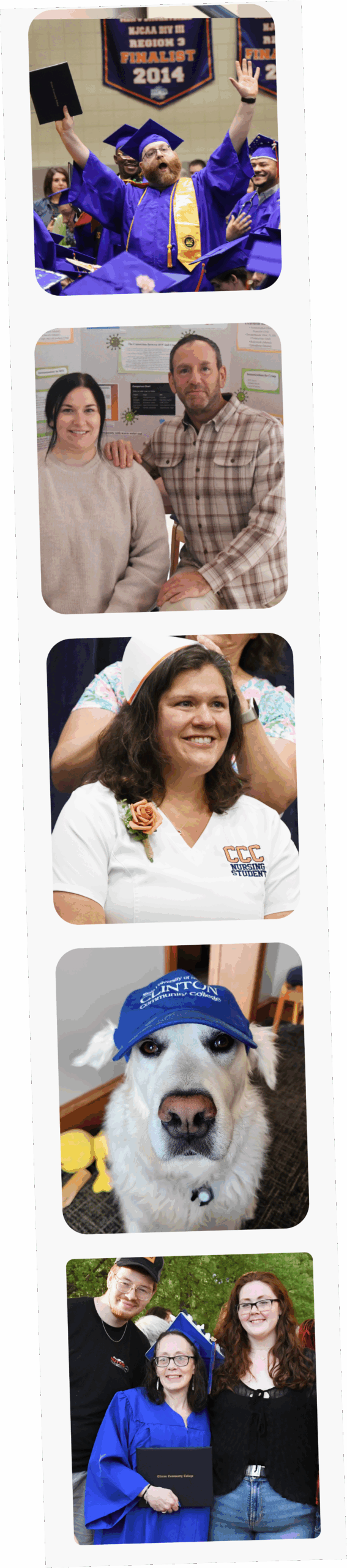Photo strip featuring graduate, group project, nurse pinning, Enzo, and family at graduation.